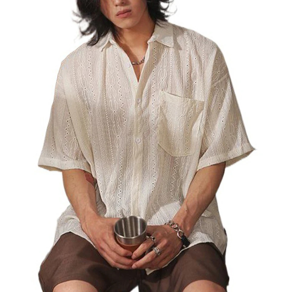 Men Casual Loose Hollow Out Short Sleeve Shirts with pockets Retro Fashion VacationDaily All-Match Tops Solid Color 250304