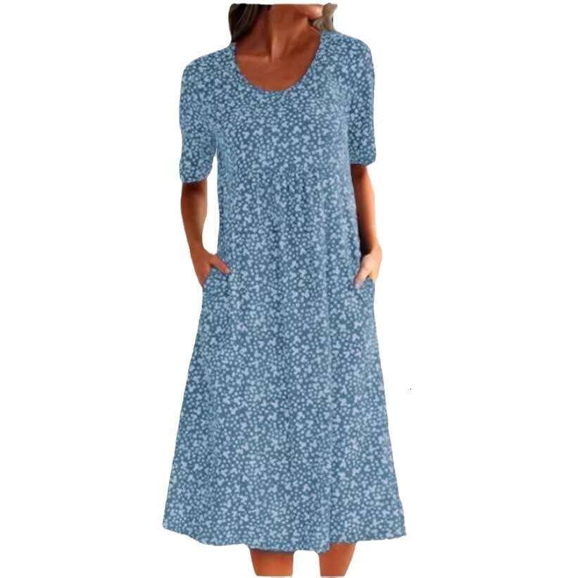 popular European and American French vacation style round neck short sleeved ral mid length dress 2025 new casual fashion trend clothing