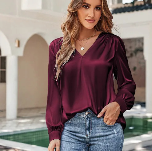 Summer Trend Fashion Womens Casual Elegant Satin Long Sleeved Shirt Office Womens Shirts And Blouses Slim Femal Clothes 250303