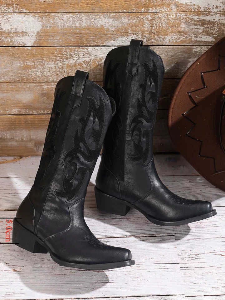 New Fionable Wens Boots with Leather Embroidered Thick Heel Square Toe Wern Cowboy Boots for Wen Z250304