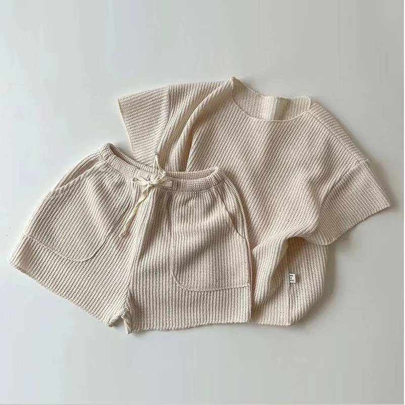 Two piece summer loose knit short sleeved home clothing solid color soft brushed lounge baby knit set 250304