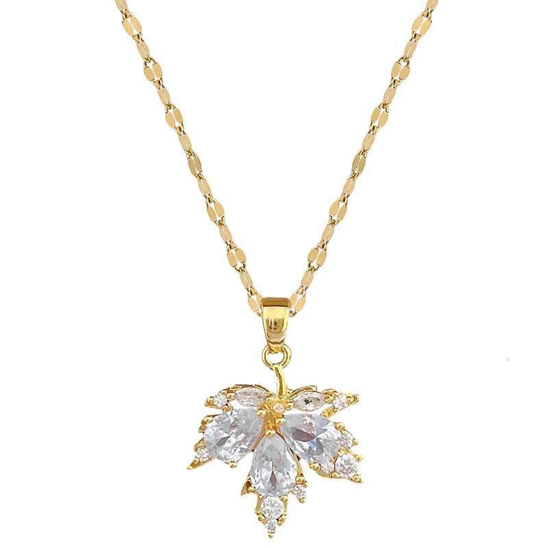 Yupsk Elegant AAA Zirconia Maple Leaf Pendant for Women Fashion Stainless Steel Chain Earring Necklace Jewelry Gift