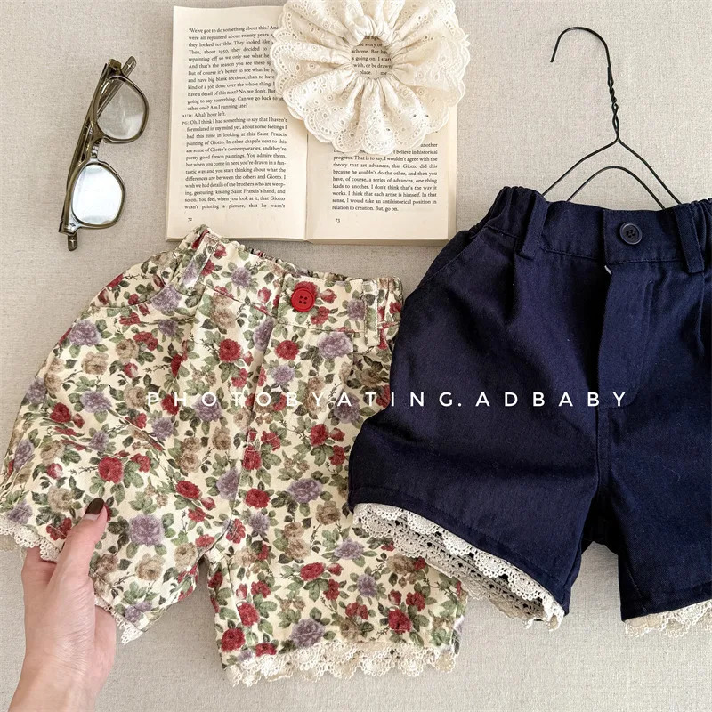 young deer Spring Summer Baby Girls Printed Shorts Lace Korean Style Children Casual Knee Length Pants 250304