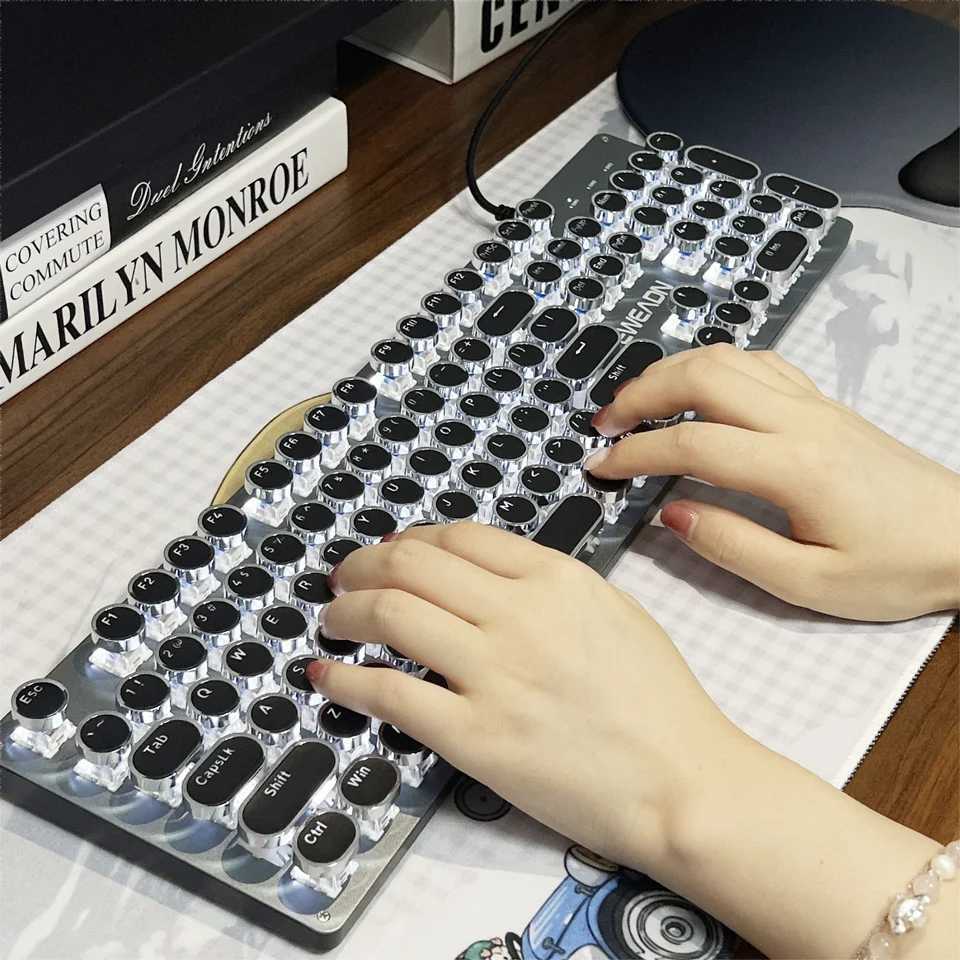 EWEADN TK100 Punk Typewriter Mechanical Gaming Keyboard 104Keys with LED Backlit USB Wired Keyboards for Windows Laptop PC Z250304