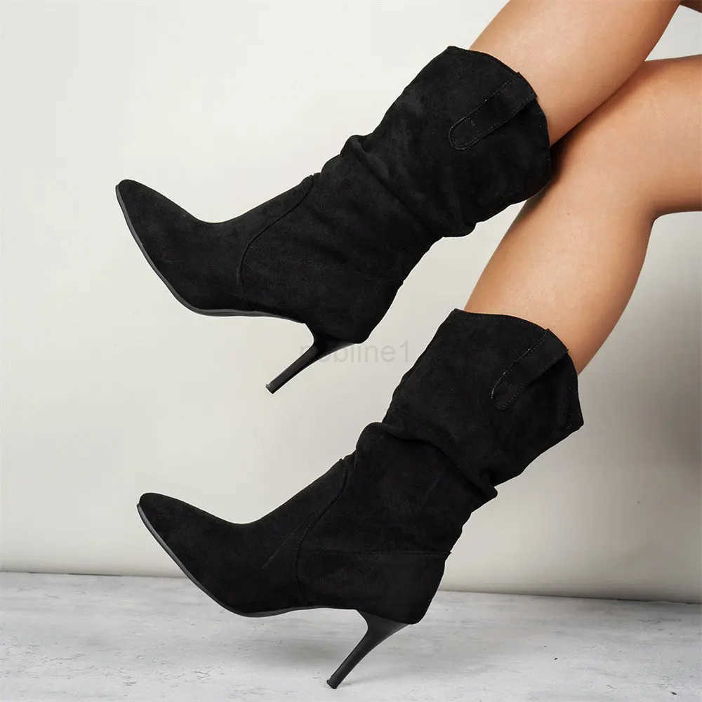 Brand New Big Size 42 Elegant Modern Lady Mid-calf Boots Wen Shoes Sexy Stiletto High H Slip on Pleated Boots for Party Z250304