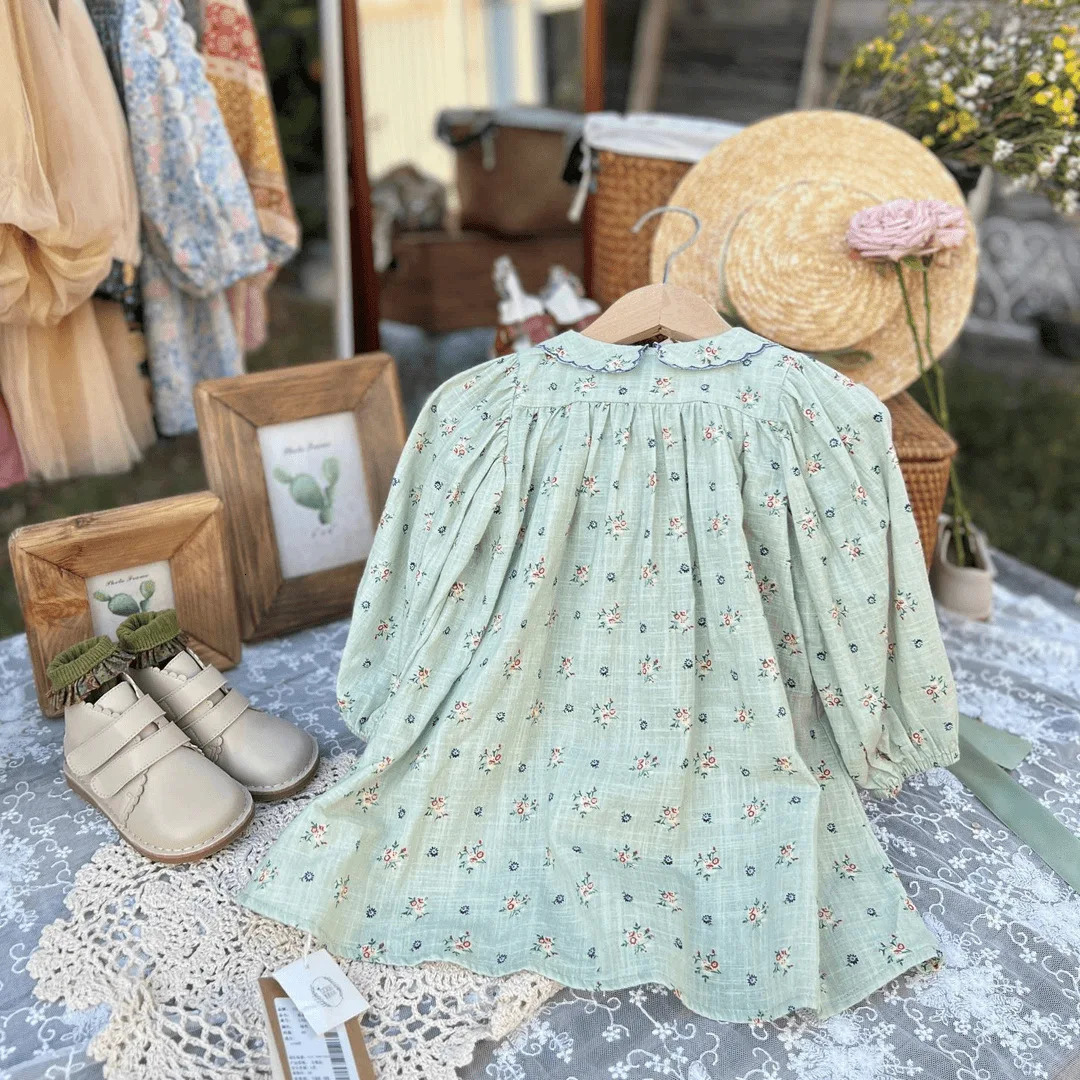 Spring Babys Girls Princess Dress Turn Down Collar All Printed Toddler Sweet Single Breasted Childrens Dresses 250303