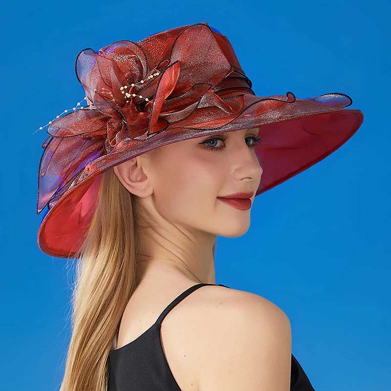 Vintage Organza Wide Brim Hat For Women New Church Dr Bridal Wedding Hat Floral Mesh Sun Hat Party Beach CsXJ250304