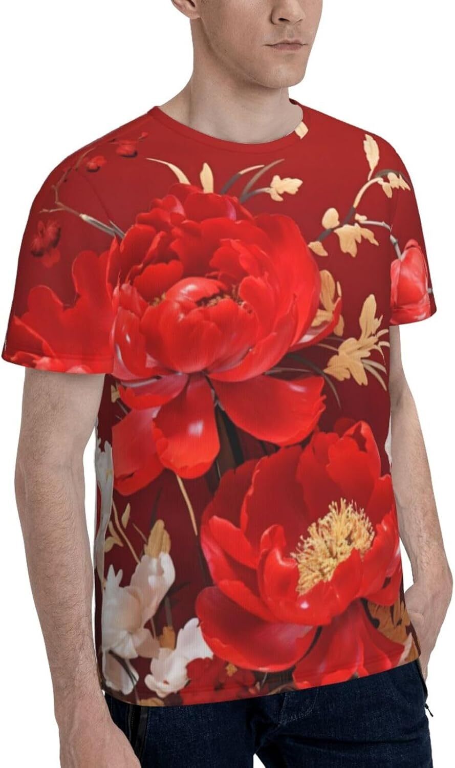 Mens T shirt Red Peony Flower 3D Printed Graphic T-Shirt for Men & Women - Modern Floral Soft Casual Trendy Summer Tops Tee tee Casual tops summer clo