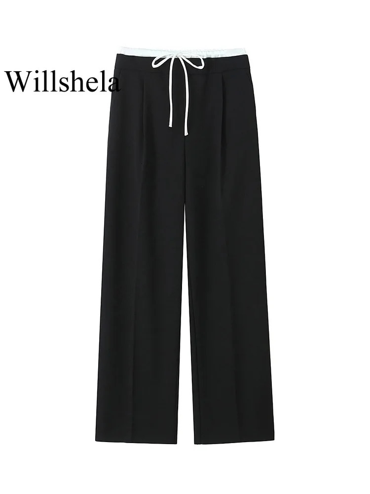 Willshela Women Fashion Solid Lace Up Side Zipper Straight Pants Vintage High Elastic Waist Female Chic Lady Trousers 250303