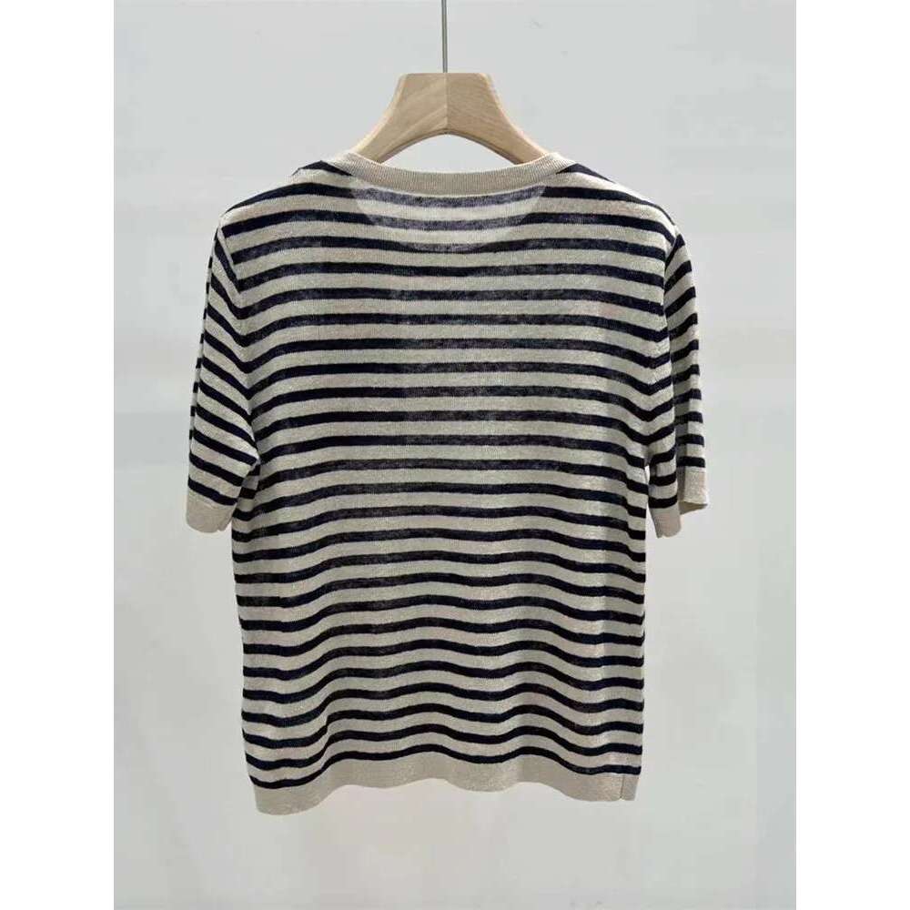 Women Front Pocket Knit Tshirt Stripes 100% En Casual 2025 Summer O-Neck Short Sleeve Knitted Tee For Female