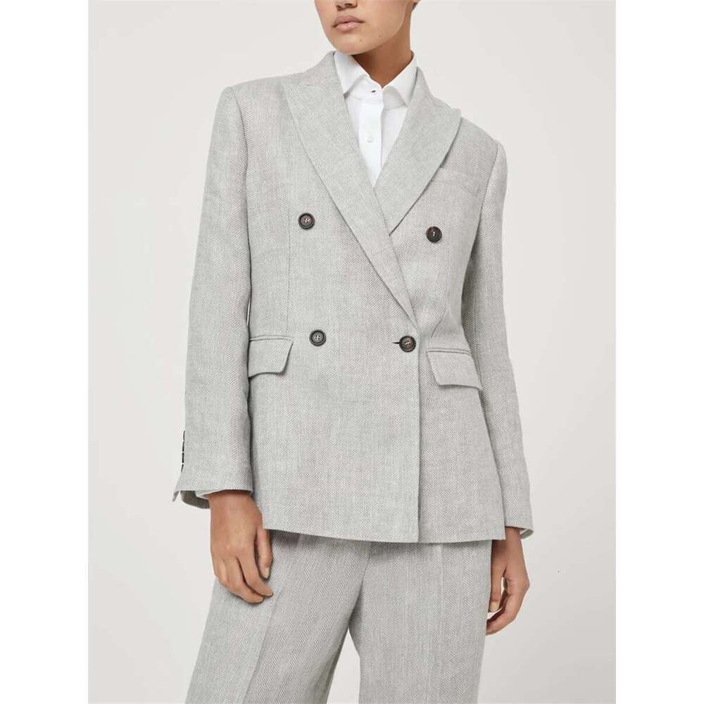 100% En Herringbone Pattern Set Women Double Breasted Sleeve Blazer Vest Or Long Pants Female Suit