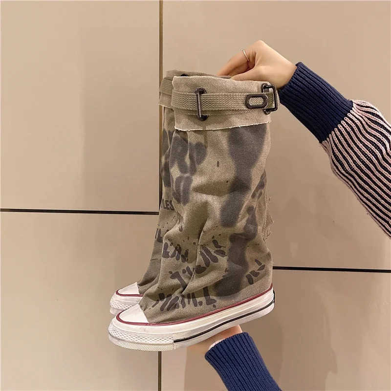 Wens Spring Graffiti High Canvas Boots Round Middle Follow Anti-slip Boots Wen Leisure Fion Rubber Sole Botas Mujer Z250304