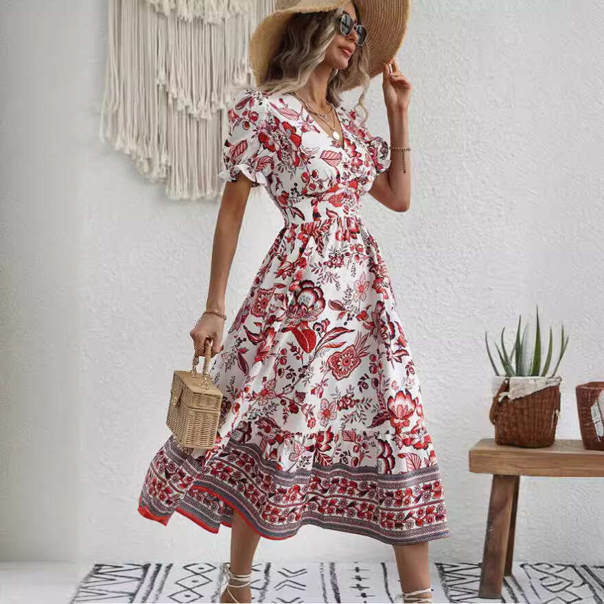 Real time shooting of European American summer full page printed puff sleeve super collar dress, 2025 new style, chic and elegant clothing