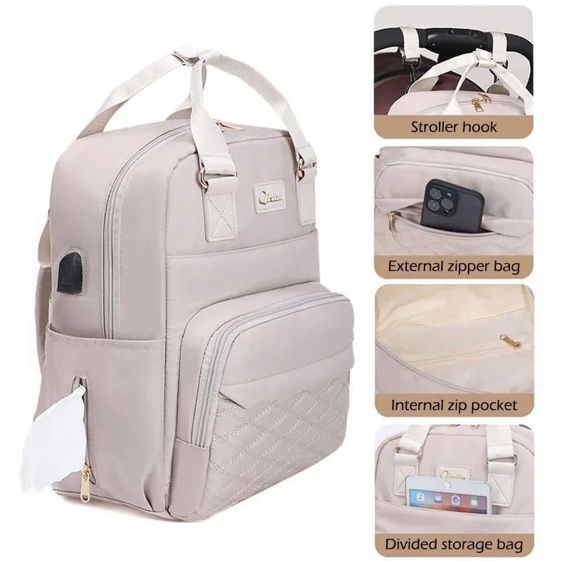 Mommy Diaper Bags with Diaper Pad Nursing Bags Maternity USB Multifunctional Portable Large Baby Stroller Hanging Bag 250304