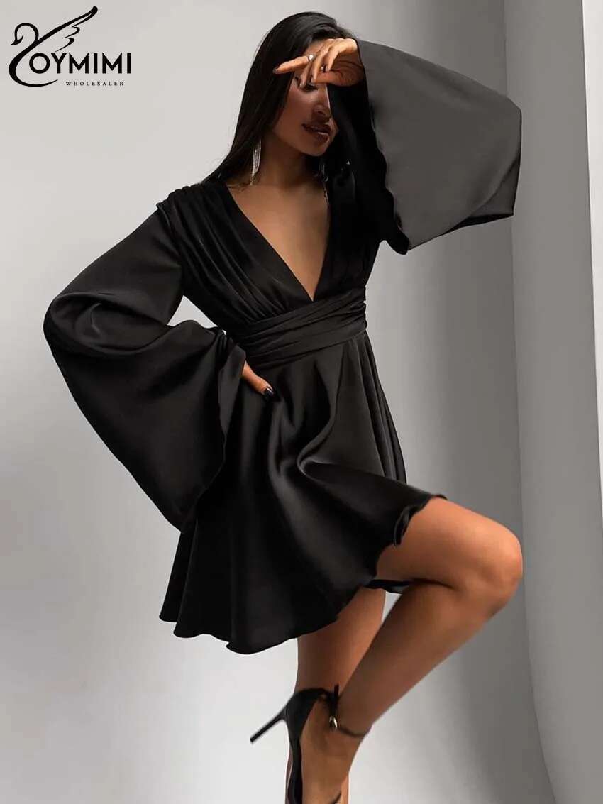 Oymimi Elegant Black Lace-Up Women's Dress Fashion Open Back Deep V-Neck Long Sleeve Casual New Pleated Mini Dresses