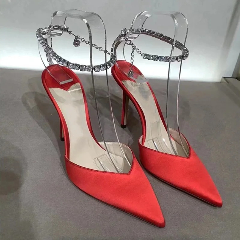 European Girls High Heels Summer Rhine-Diamond Chain Pointy Pink Sexy Skinny Toe Satin Pumps 250303
