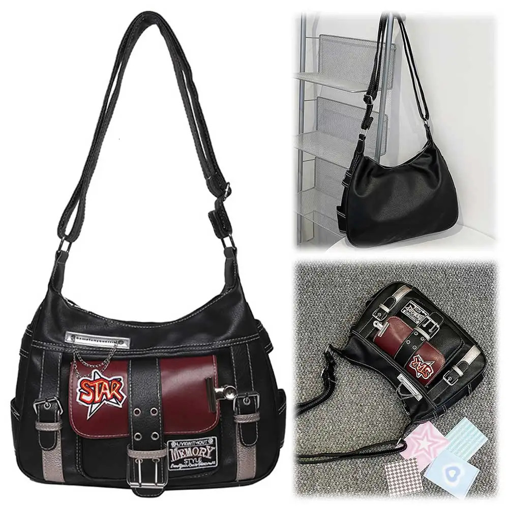 Ship from US Womens PU Leather Punk Shoulder Bag Y2K Horizontal Zipper Handbag with Adjustable Stray 250304FBB