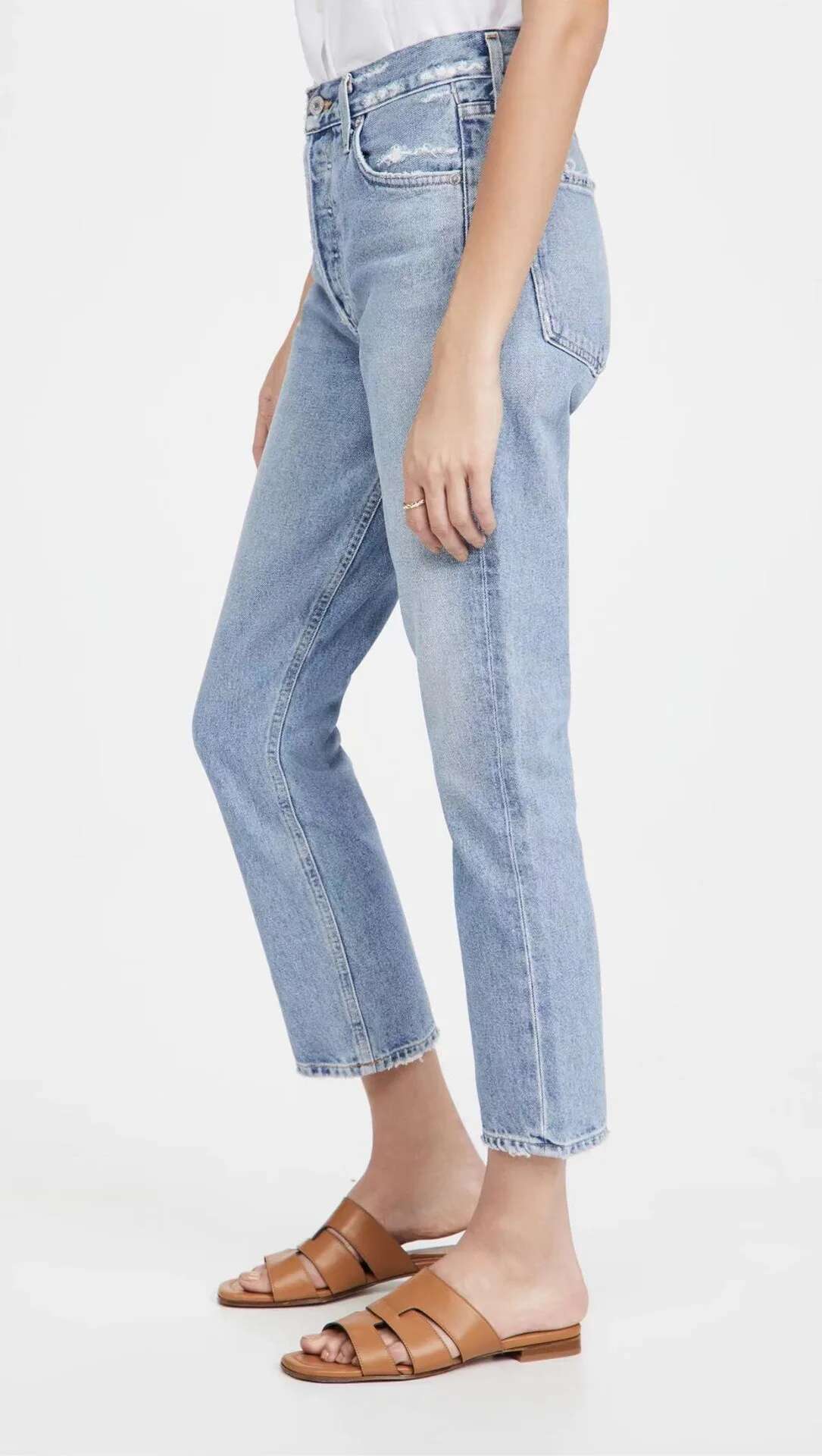 Women Fashion High Waist Light Blue Denim Pants Boyfriend Style Casual Straight Jeans