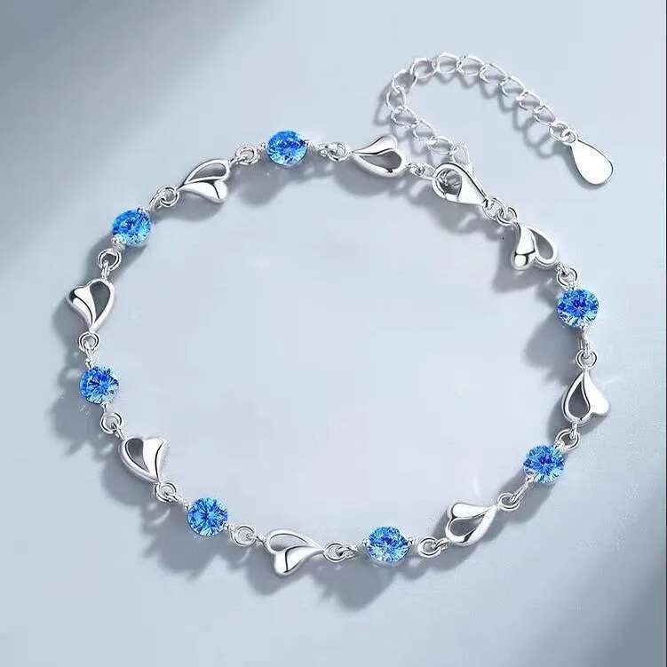 Sterg Sier Heart Shaped Necklace Bracelet for Women Vintage Korean Blue Crystal Bracelets Set Party Jewelry
