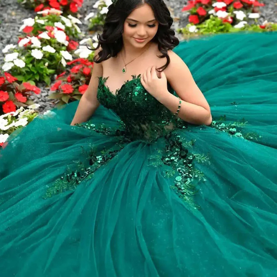 Dark Green Sparkg Quinceanera Dresses For Girls Cross Applique Lace Beads Tull Off The Shoulder 15 Vestido De Sweet 16 Birthday Party Gown