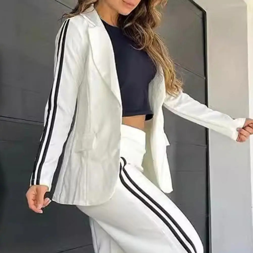 2 PcsSet Womens Blazer Formal Coat Pants Set Autumn Winter Long Sleeves Jacket Loose Striped Wide Leg Casual Suit Outfit 250225