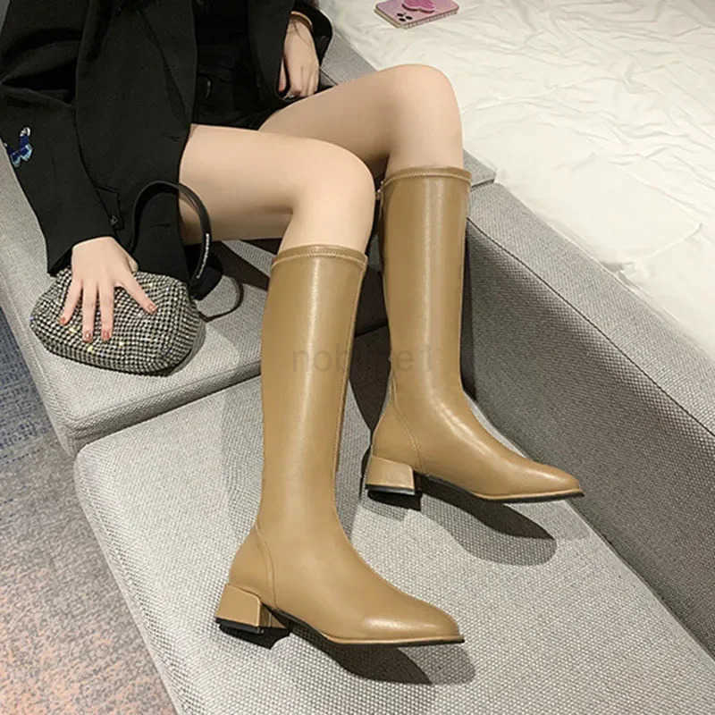 Cemore Large Size 43 Thick Low Heel Knight Knee Boots Wen Elegant Shoes Plush White Autumn Winter 2023 New Leather Long Boot Z250304