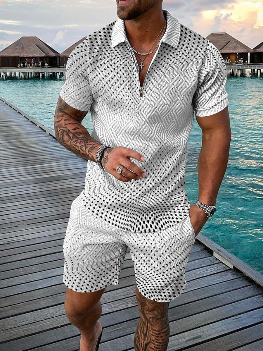 Summer Trend Mens Sweatsuit set Black And White Spot Gradient 3D Print Casual Zipper Polo Shirt Shorts 2pcs Sets Man Clothing 250304