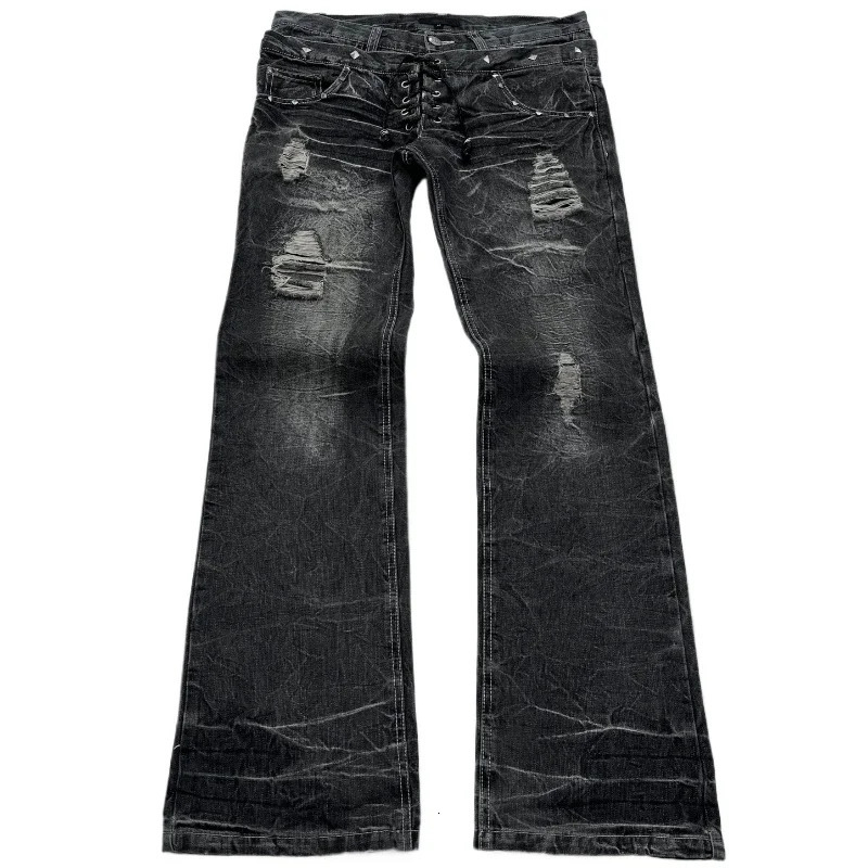 retro double waisted lace up micro flared women pants streetwear Y2K washed high-quality sense men and women jeans 250228
