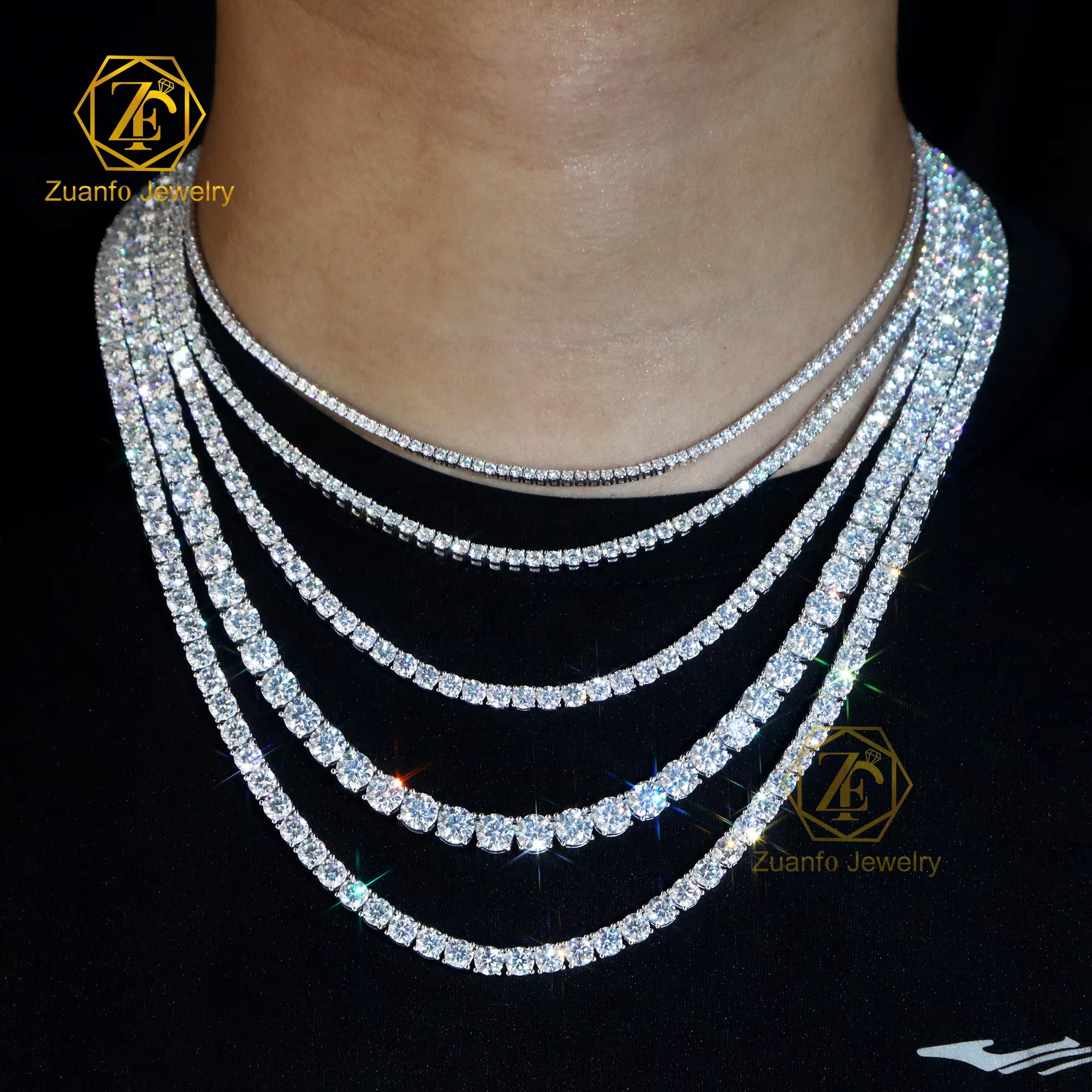 Factory Wholesale Jewelry Sier Hip Hop Rock Dia Chain 2mm 3mm 4mm 5mm 6.5mm VVS Moissanite Tennis Necklace