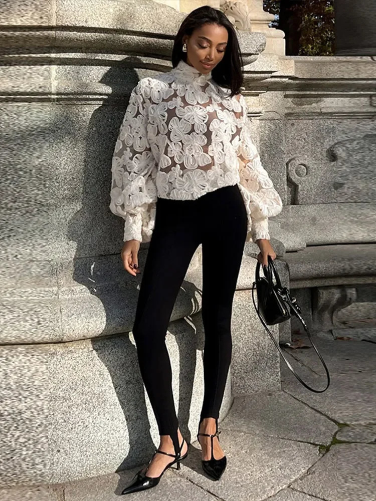 Sexy See Through Mesh Shirts Women Elegant 3D Flower Lantern Long Sleeve Patchwork Female Shirt Spring Fashion Lady Tops 250228
