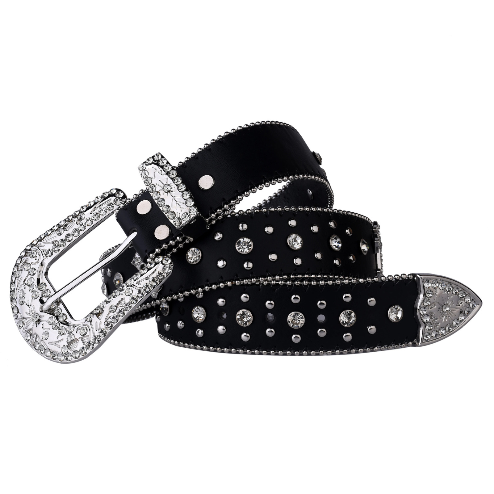 Black Cross Rivet Belt Engraved Buckle Rhinestone Decor PU Belt Hip Hop Jeans Pants Belt Punk Western Cowboy Cowgirl Belts 250227