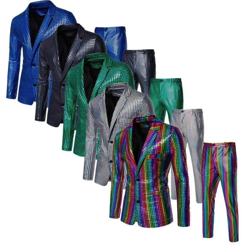 Summer Men Rainbow Plaid Suit 2 Piece Gold Silver Fashion Male Dance Party Performance Blazer Jacket and Pants 250303