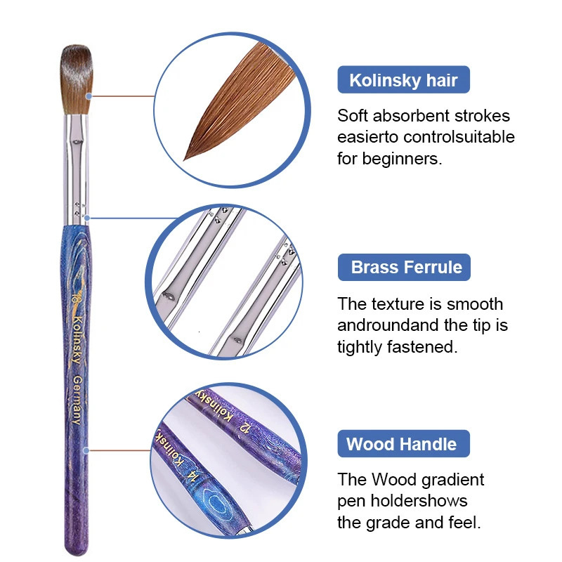 100% Pure Kolinsky Acrylic Brush UV Gel Carving Pen Brush Liquid Powder DIY Nail Drawing Crimped Wood Nail Art Brush 10-18 250304