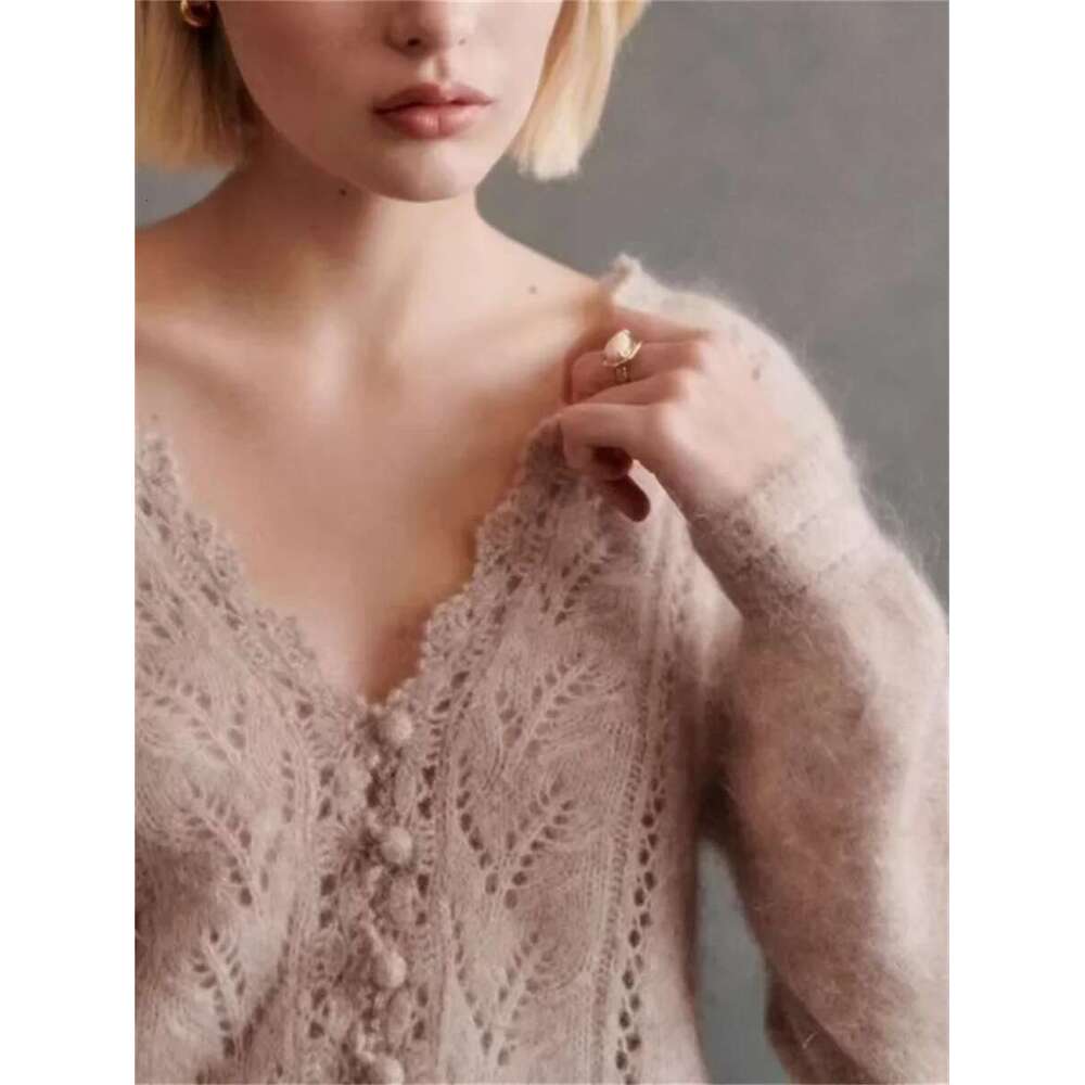 Front And Back Wearing Women Hollow Out V-Neck Sweater Cardigan Single Breasted Casual Ladies Fashion Long Sleeve Knitwear