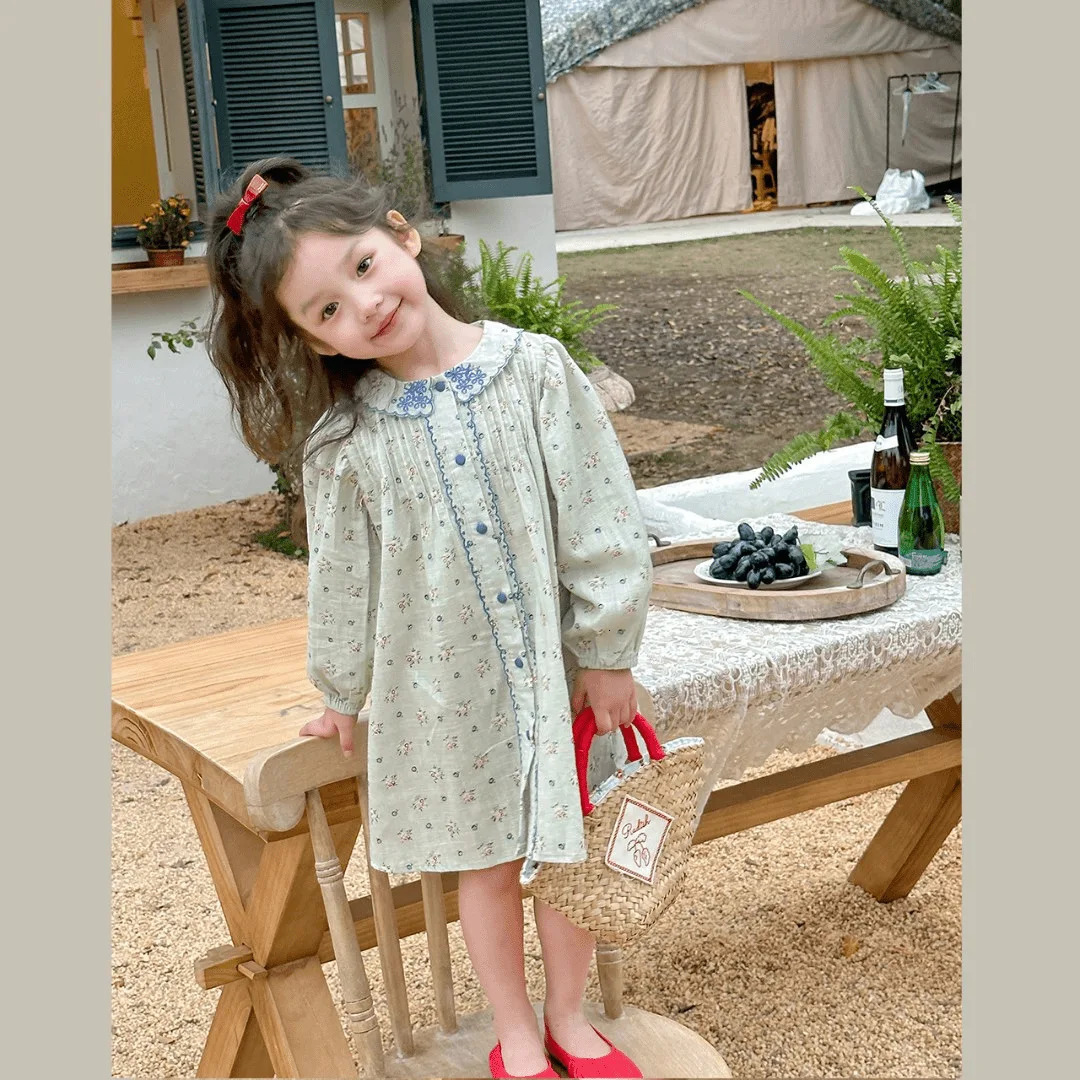 Spring Babys Girls Princess Dress Turn Down Collar All Printed Toddler Sweet Single Breasted Childrens Dresses 250303