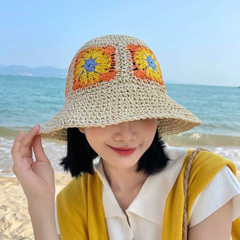 Women Sun Beach Crochet Flowers Hat Fisherman Hat Tourism Female Vacation Per Str Bucket HatXJ250304