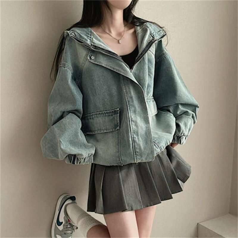 Fashion Drawstring Hooded Denim Jacket Women's Loose Zipper Long Sleeves Casual Black Jackets New Tide