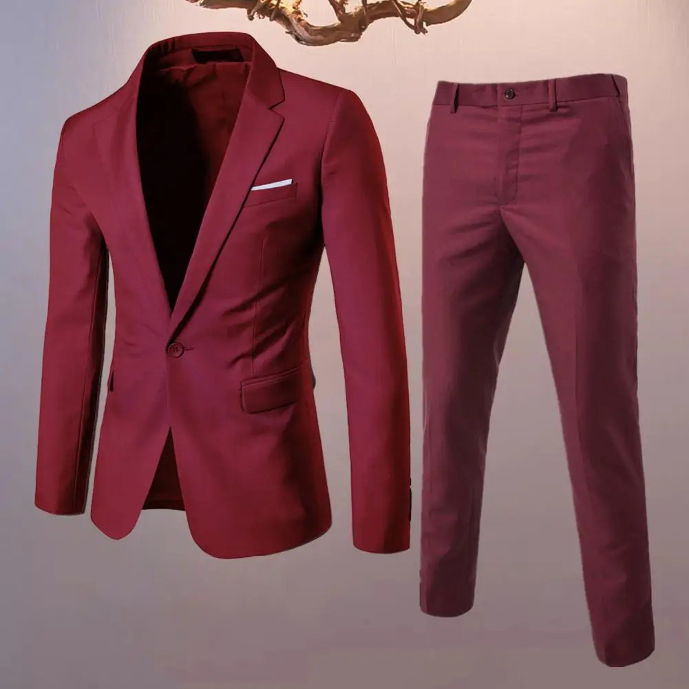 Suit Jacket Pants Set Stylish Mens Business Suit Set Lapel Single Button Coat Slim Fit Pants with Pockets Workwear for A 250303
