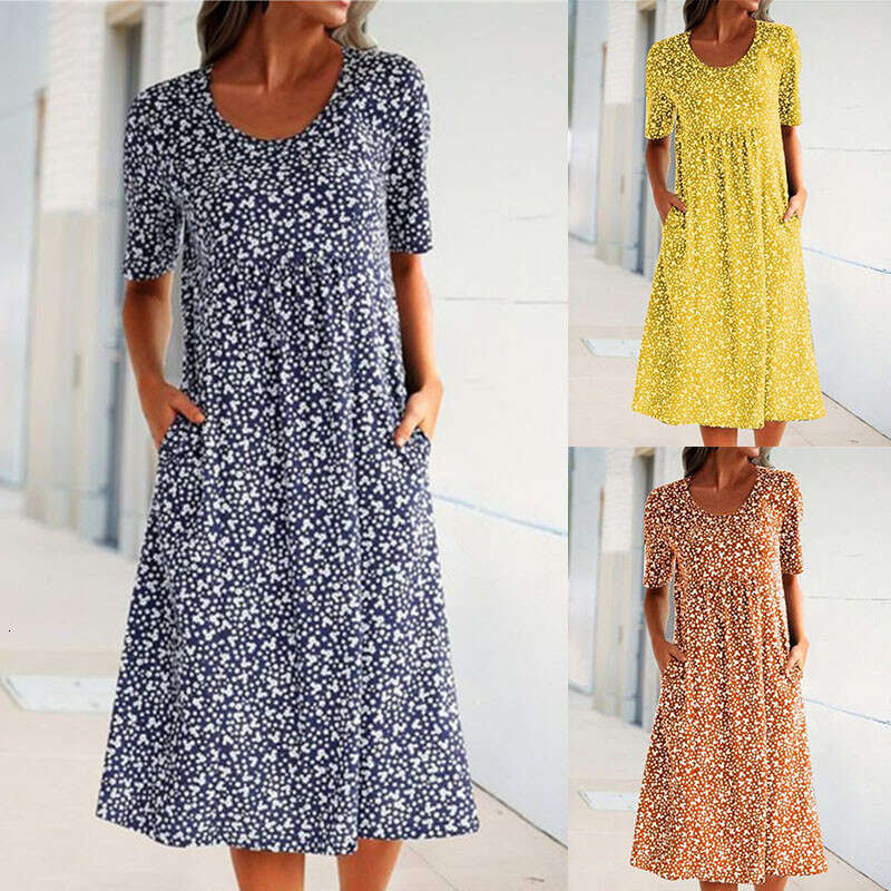 popular European and American French vacation style round neck short sleeved ral mid length dress 2025 new casual fashion trend clothing