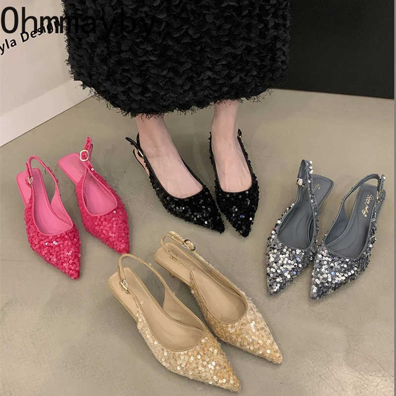 2025 New Summer Sequin Wen Sandals Fi Pointed Toe Slip Shoes Elegant Party Low Heel Shoes Z250304