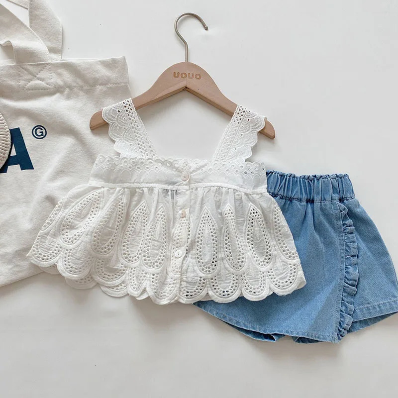 Milancel Summer Kids Clothes Set Girls Cute Hollow Tank TopDenim Shorts Children Thin Style Outwear 2PCS 250304