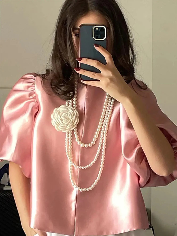 O Neck Lantern Short Sleeve Women Top Loose Solid Female Blouse Fashion Elegant Office Spring Summer Casual Lady Shirts 250228