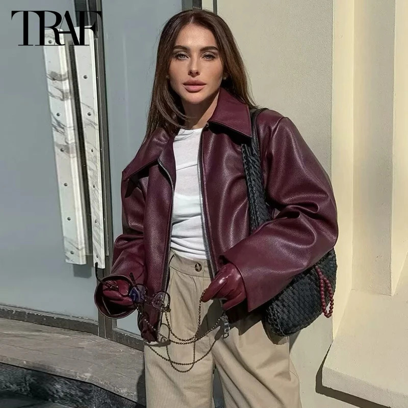 TRAF Faux Leather Bomber Jackets for Women Zipper Winter Woman Ruched Demiseason Jacket Coats 250226