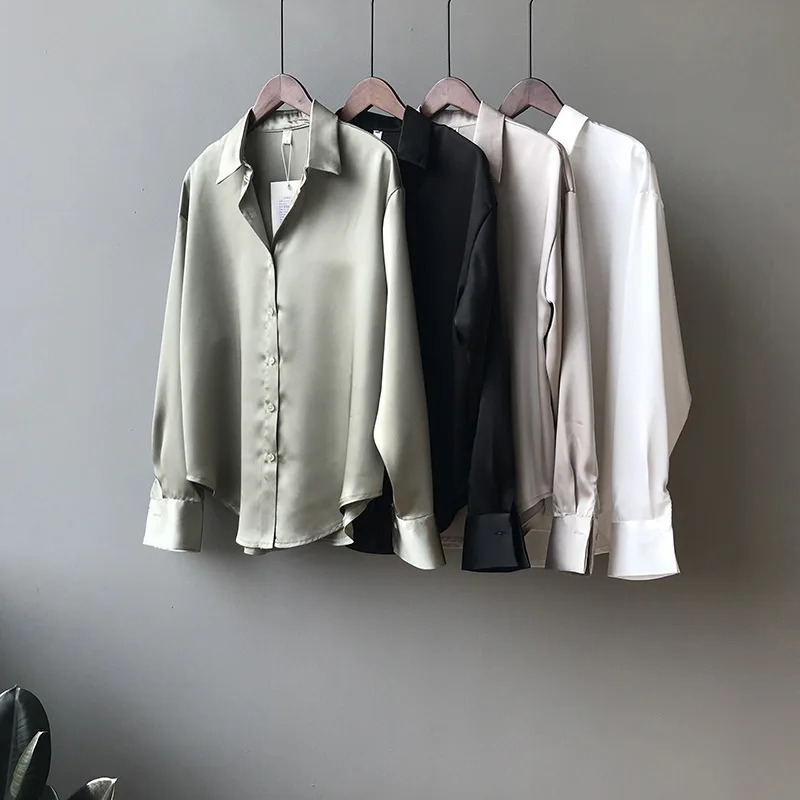 Spring Fashion Button Up Satin Silk Shirt Vintage Blouse Women White Tops Lady Long Sleeves Female Loose Street Shirts 11355 250303