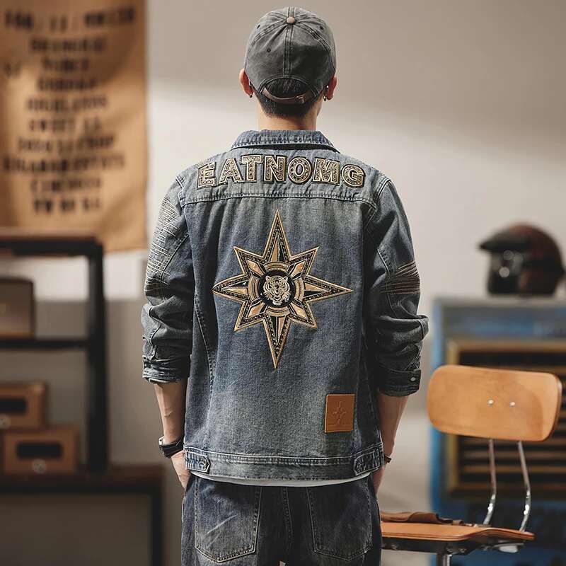 New Retro Denim Jacket Men Washed High Street Motorcycle Five Pointed Star Sticker Embroidery Casual Fashion Versatile Youth Top