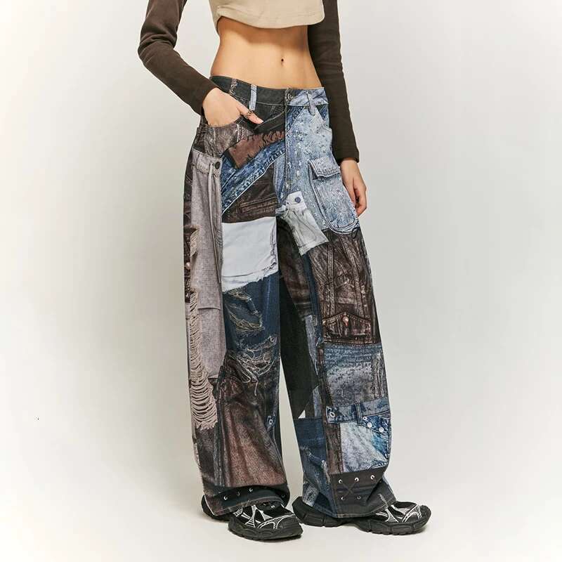 American Street Vintage Patchwork Digital Printed Jeans Male And Female Trendy Brand Loose Wide Leg Fashion High-End Trousers
