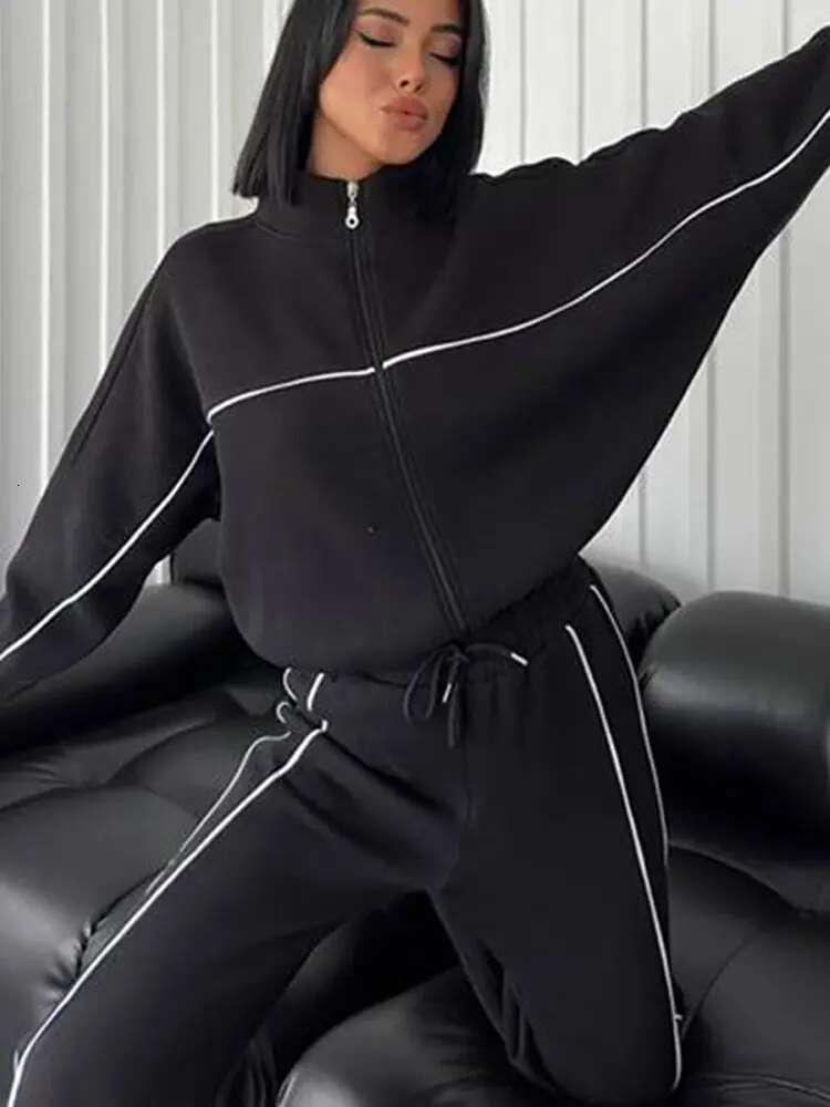 Sport Stripe Sweatshirt Two Piece Set Women White Turtleneck Long Sleeve Elastic Waist Pant Sets Female 2025 Spring Autumn