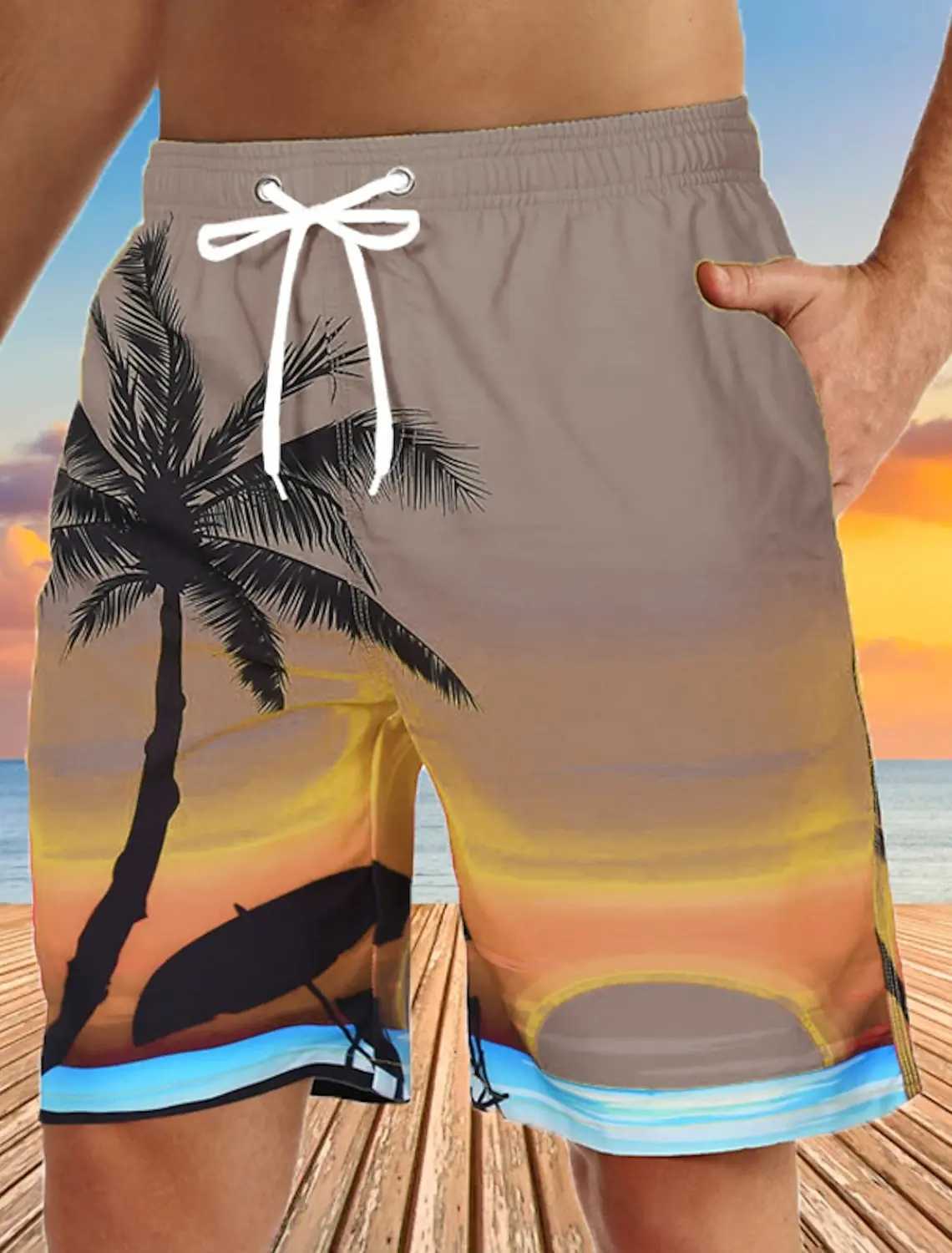 Hawaiian Coconut Tree Beach Shorts 3D Printing Summer Mens Casual Swimming Short High Elastic Quick Drying Pants Sport PantT250304