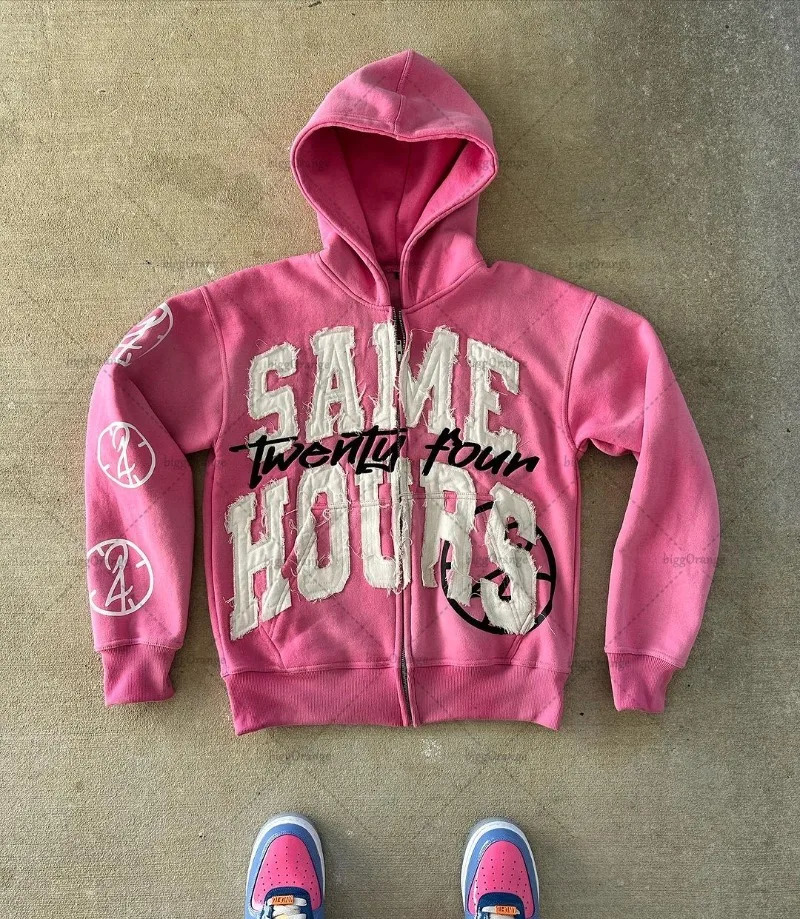Y2K Harajuku Retro Colorful Zipper Hoodie American Trendy Brand Hip-hop Streetwear Punk Style Letter Print Oversized Sweatshirt 250303