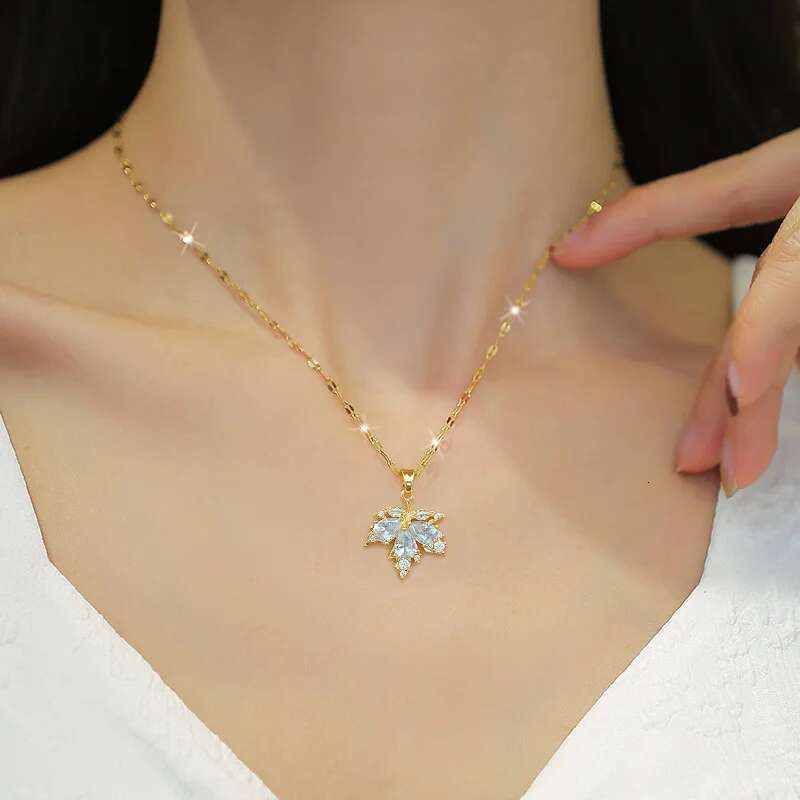 Yupsk Elegant AAA Zirconia Maple Leaf Pendant for Women Fashion Stainless Steel Chain Earring Necklace Jewelry Gift